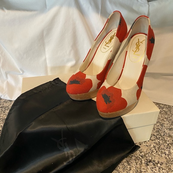 Yves Saint Laurent Poppy Print Canvas Maryna Cork Wedges - Picture 1 of 8